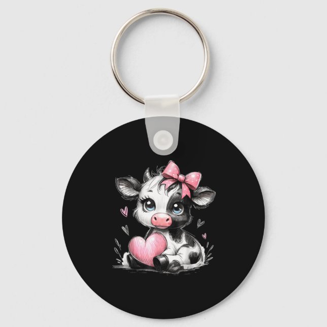 Cute Baby Cow With Nk Coquette Bow Holding Heart  Key Ring (Front)