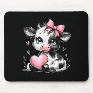 Cute Baby Cow With Nk Coquette Bow Holding Heart  Mouse Pad