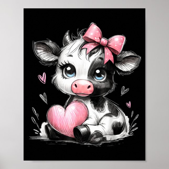 Cute Baby Cow With Nk Coquette Bow Holding Heart  Poster (Front)
