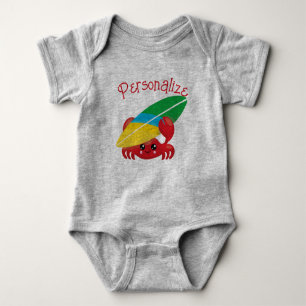 Cute Baby Crab with Surfboard Red Personalised Baby Bodysuit
