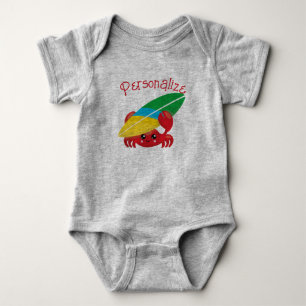 Cute Baby Crab with Surfboard Red Personalised Bodysuit