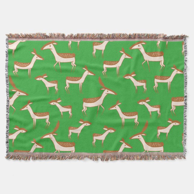 Cute Baby Deer and Family on Light Green Throw Blanket (Front)