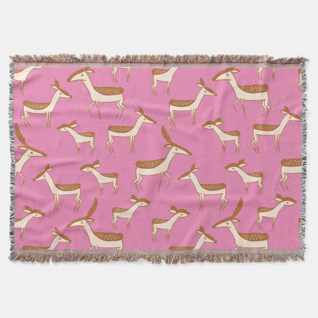 Cute Baby Deer and Family on Pink Throw Blanket (Front)
