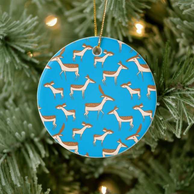 Cute Baby Deer and Family on Sky Blue Ceramic Tree Decoration (Tree)
