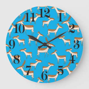 Cute Baby Deer and Family on Sky Blue Large Clock