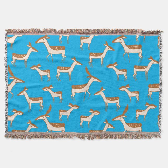 Cute Baby Deer and Family on Sky Blue Throw Blanket (Front)