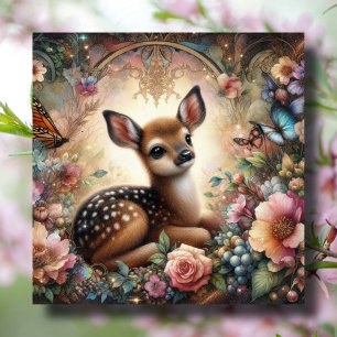 Cute Baby Deer Art Nouveau Floral Easter Holiday Card