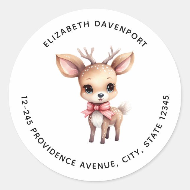 Cute Baby Deer Cartoon Illustration Address Classic Round Sticker (Front)