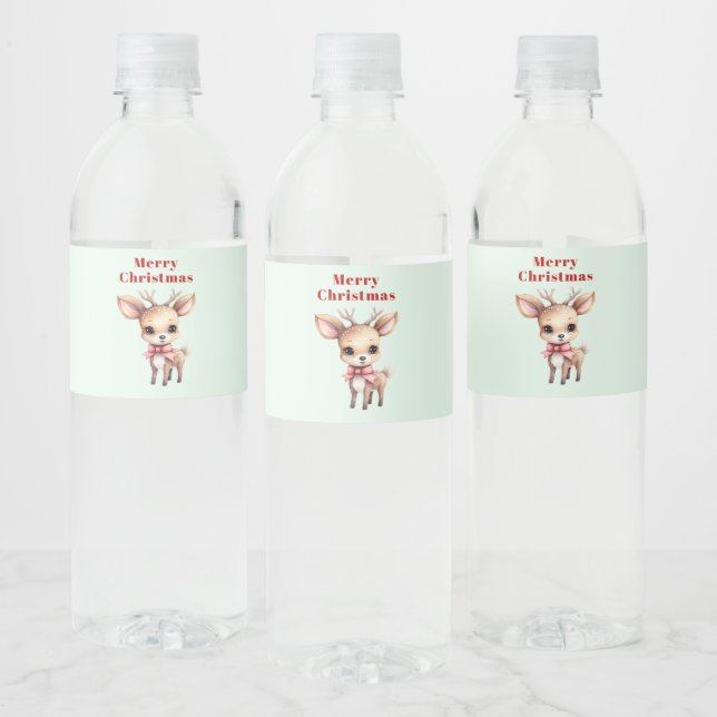 Cute Baby Deer Cartoon Illustration Christmas Water Bottle Label (Bottles)