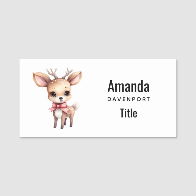 Cute Baby Deer Cartoon Illustration Name Tag (Front)