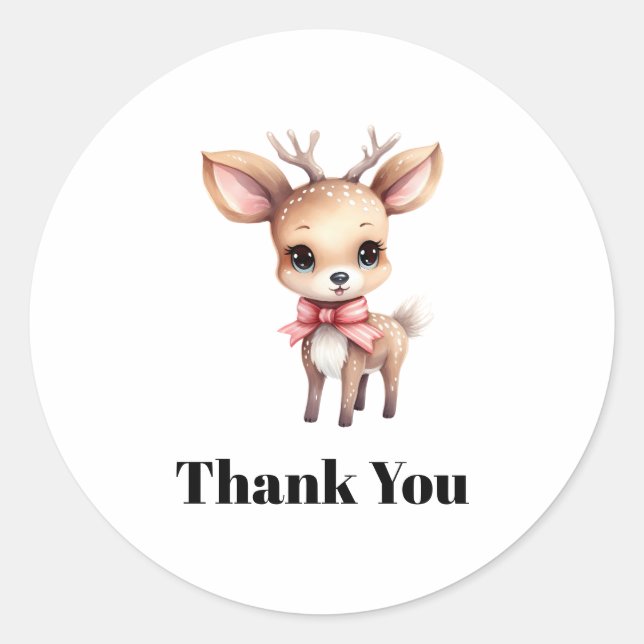 Cute Baby Deer Cartoon Illustration Thank You Classic Round Sticker (Front)
