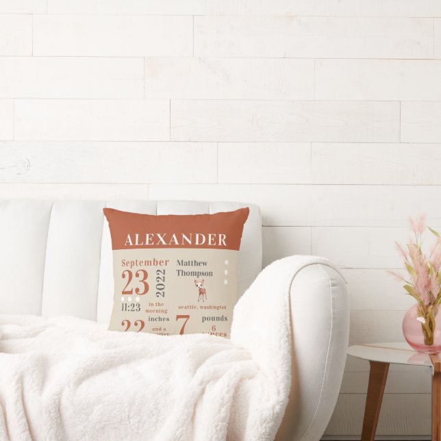 Cute Baby Deer Fall Orange Birth Stats Boy Nursery Cushion (Couch)