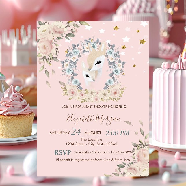 Cute Baby Deer Flowers,Stars Baby Shower  Invitation (Creator Uploaded)