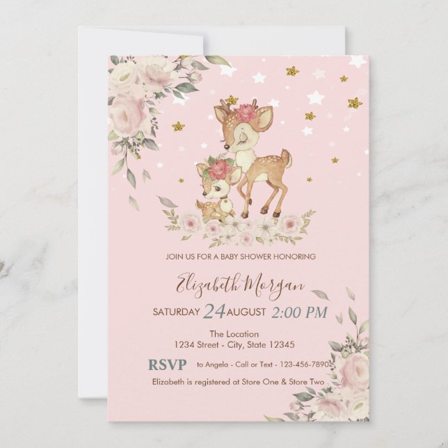 Cute Baby Deer Flowers,Stars Baby Shower  Invitation (Front)