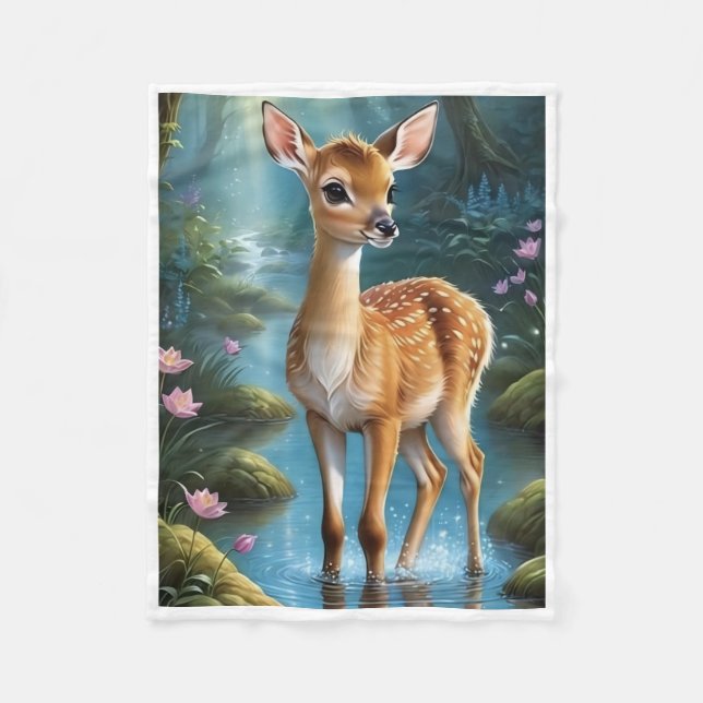 Cute Baby Deer in Enchanted Forest Throw Blanket (Front)