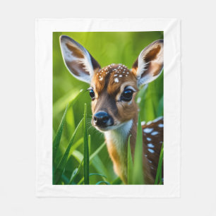 Cute Baby Deer in Green Grass Wildlife Throw Blank Fleece Blanket