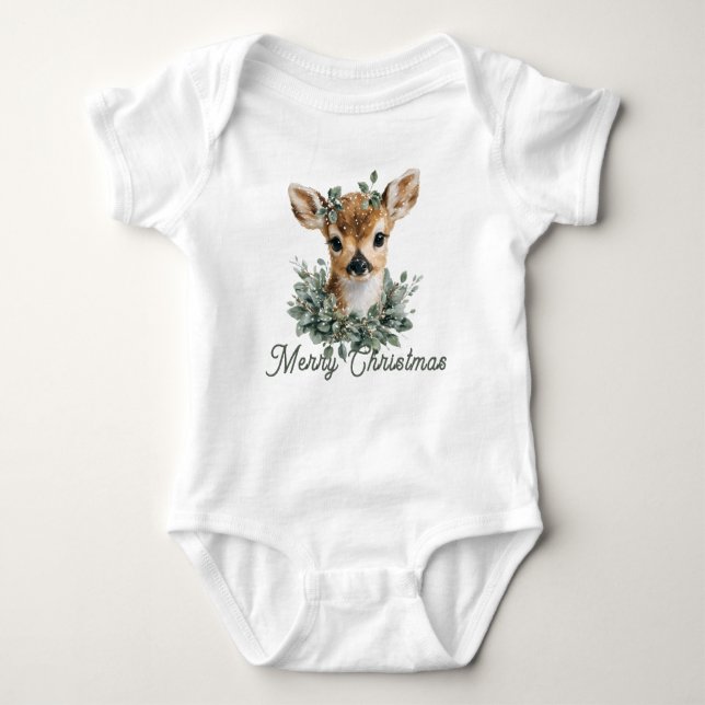 Cute Baby Deer Merry Christmas – Watercolor Fawn  Bodysuit (Front)
