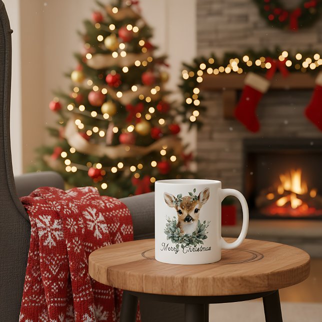 Cute Baby Deer Merry Christmas – Watercolor Fawn  Coffee Mug (Creator Uploaded)