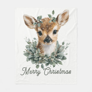 Cute Baby Deer Merry Christmas – Watercolor Fawn  Fleece Blanket