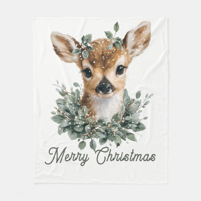 Cute Baby Deer Merry Christmas – Watercolor Fawn  Fleece Blanket (Front)