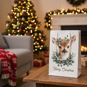 Cute Baby Deer Merry Christmas – Watercolor Fawn Medium Gift Bag