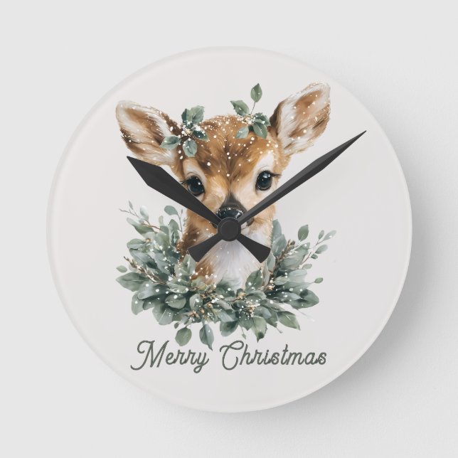 Cute Baby Deer Merry Christmas – Watercolor Fawn  Round Clock (Front)