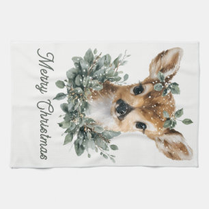 Cute Baby Deer Merry Christmas – Watercolor Fawn  Tea Towel