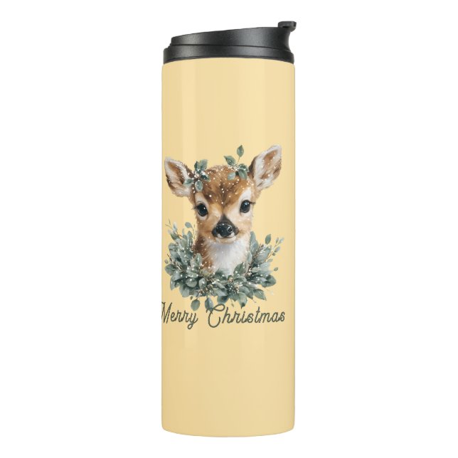 Cute Baby Deer Merry Christmas – Watercolor Fawn  Thermal Tumbler (Rotated Left)