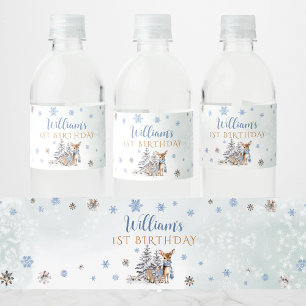 Cute Baby Deer Winter Blue Water Bottle Label