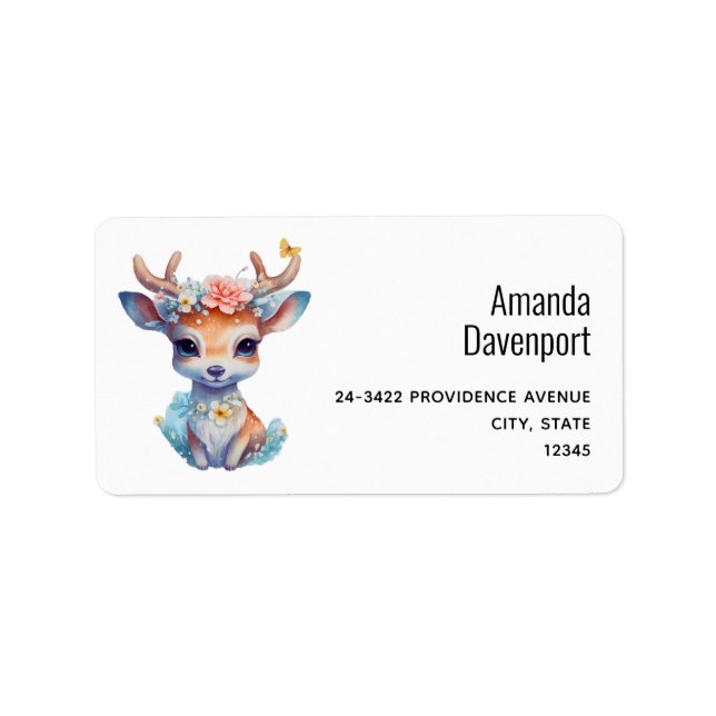 Cute Baby Deer with Antlers and Flowers Address Label (Front)