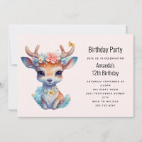 Cute Baby Deer with Antlers and Flowers Birthday
