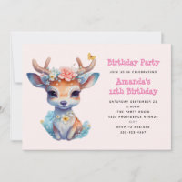 Cute Baby Deer with Antlers and Flowers Birthday