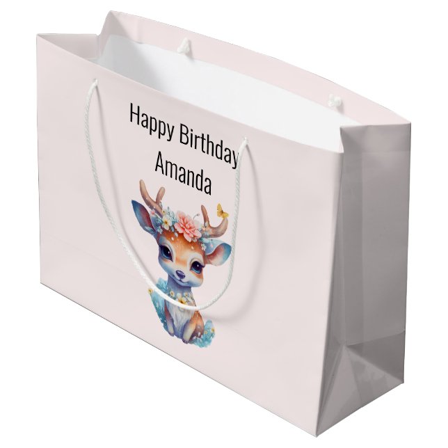 Cute Baby Deer with Antlers and Flowers Birthday Large Gift Bag (Back Angled)