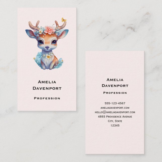 Cute Baby Deer with Antlers and Flowers Business Card (Front/Back)