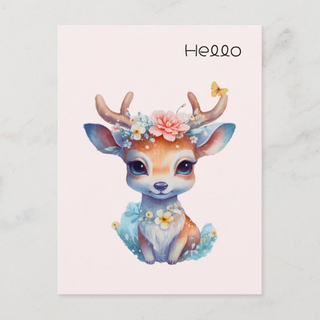 Cute Baby Deer with Antlers and Flowers Hello Postcard (Front)