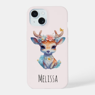 Cute Baby Deer with Antlers and Flowers iPhone 15 Case