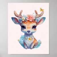 Cute Baby Deer with Antlers and Flowers