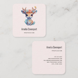 Cute Baby Deer with Antlers and Flowers Square Business Card