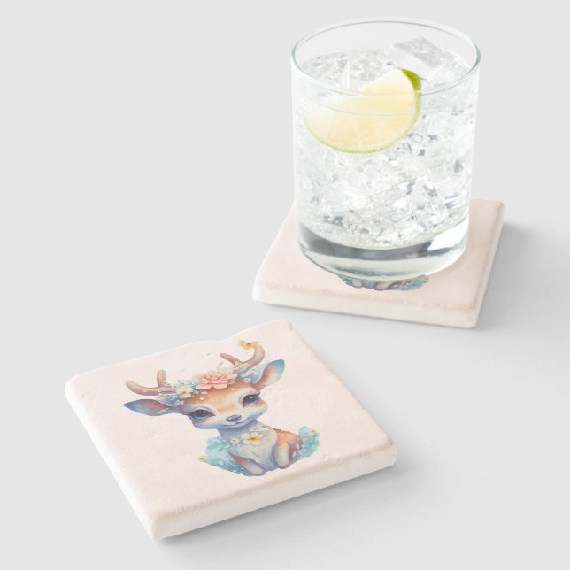 Cute Baby Deer with Antlers and Flowers Stone Coaster (Side)