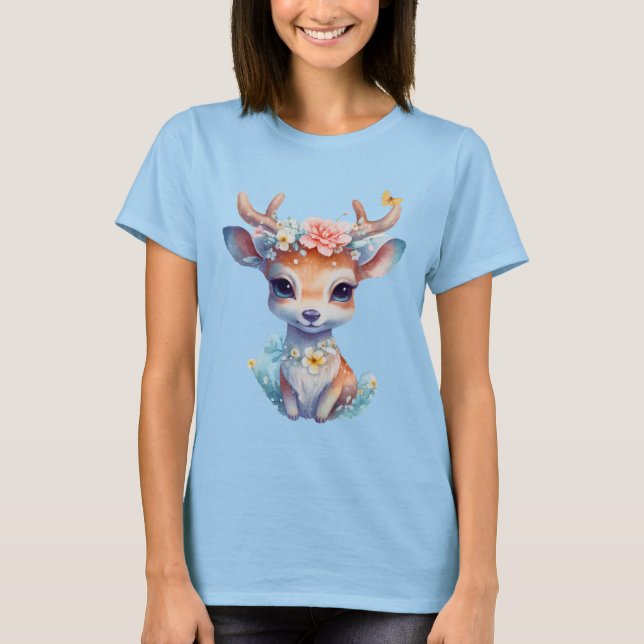 Cute Baby Deer with Antlers and Flowers T-Shirt (Front)