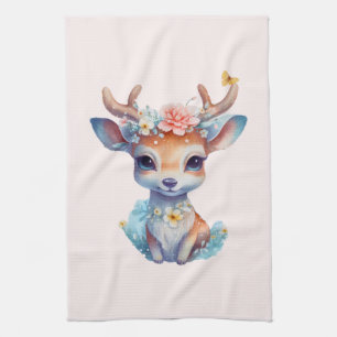 Cute Baby Deer with Antlers and Flowers Tea Towel