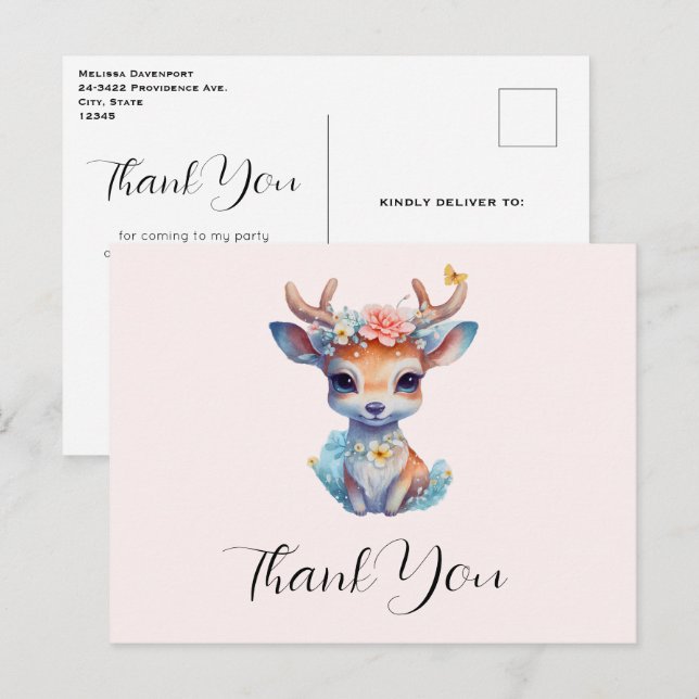 Cute Baby Deer with Antlers and Flowers Thank You Postcard (Front/Back)