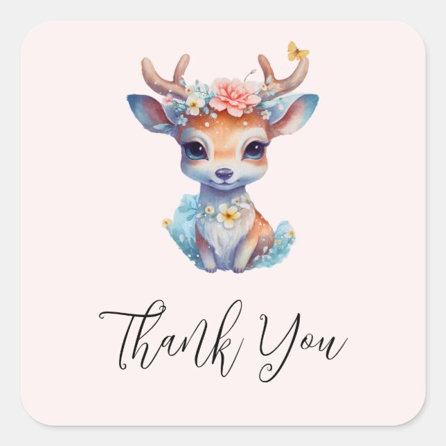 Cute Baby Deer with Antlers and Flowers Thank You Square Sticker (Front)
