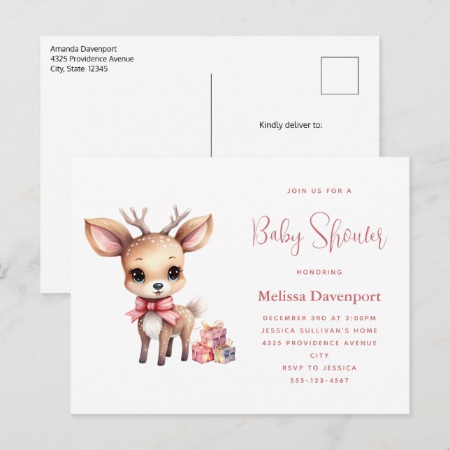 Cute Baby Deer with Gifts Baby Shower Invitation Postcard (Front/Back)