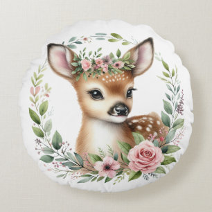 Cute Baby Deer with Pink Floral Round Cushion