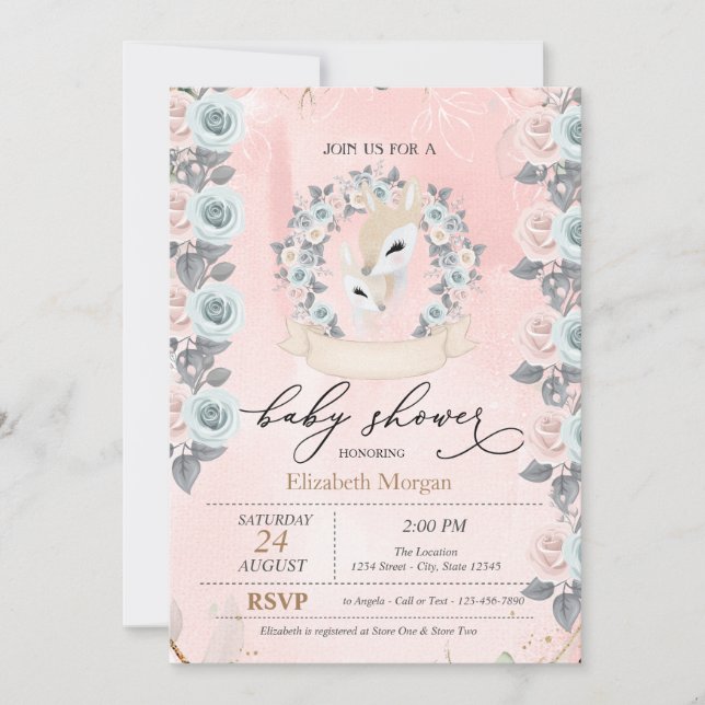 Cute Baby Deers Border Roses Baby Shower  Invitation (Front)