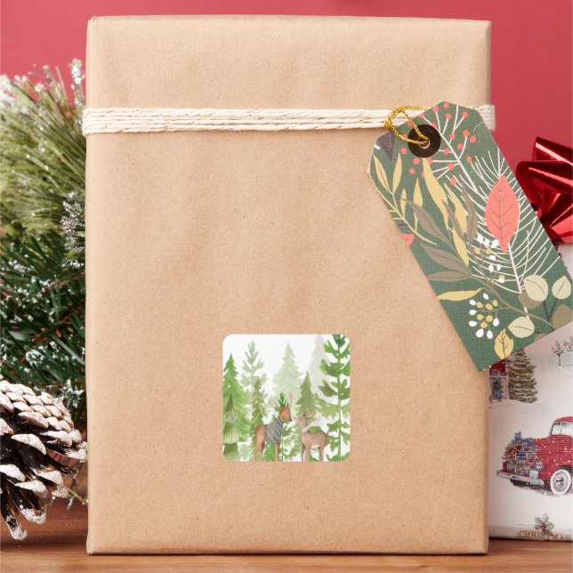 Cute Baby Deers in Woodland Forest   Square Sticker (Holiday)