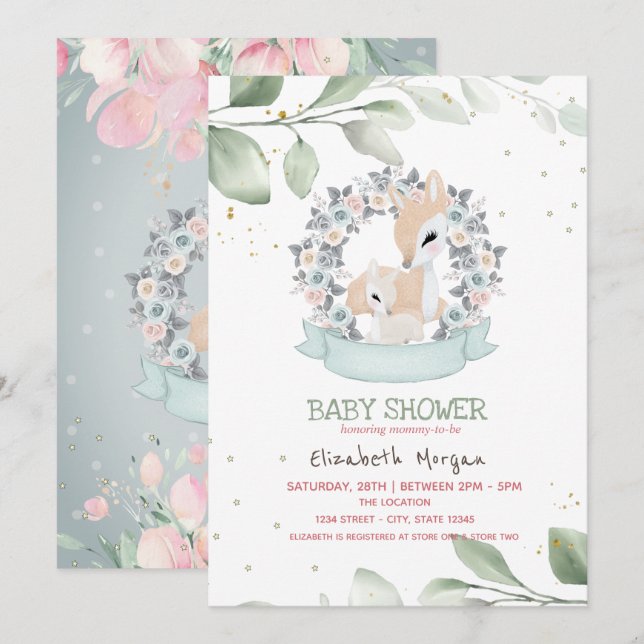 Cute Baby Deers Stars Leaves Baby Shower Invitation (Front/Back)