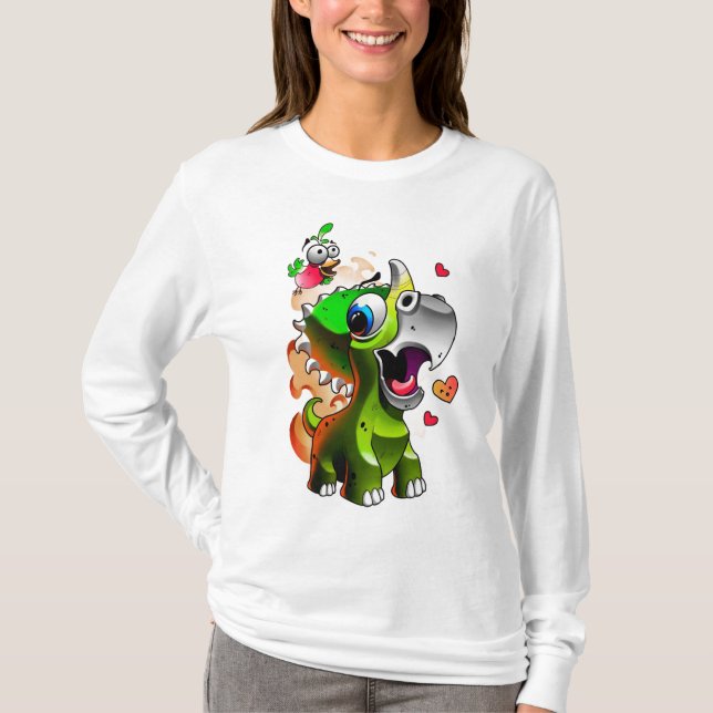 Cute Baby Dino & Bird Friends - Cartoon Dino Love T-Shirt (Front)