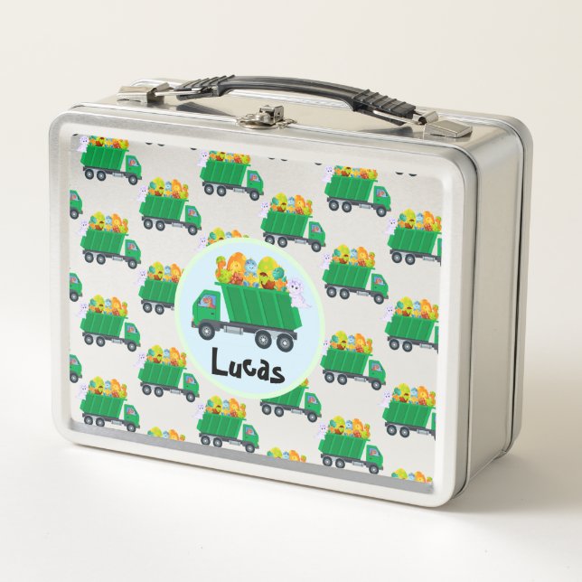 Cute baby dinosaur egg garbage truck Back 2 School Metal Lunch Box (Front)